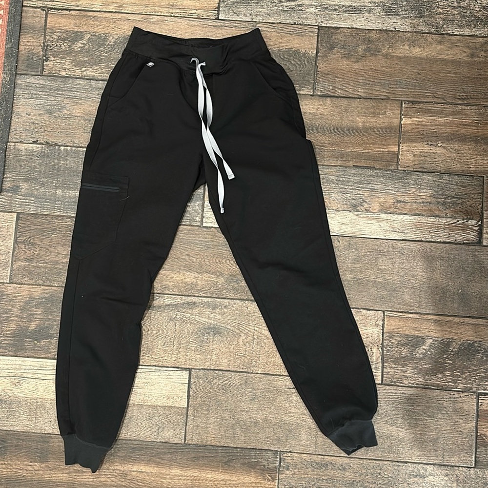 Figs Black Jogger Scrub Pants with White Drawstring